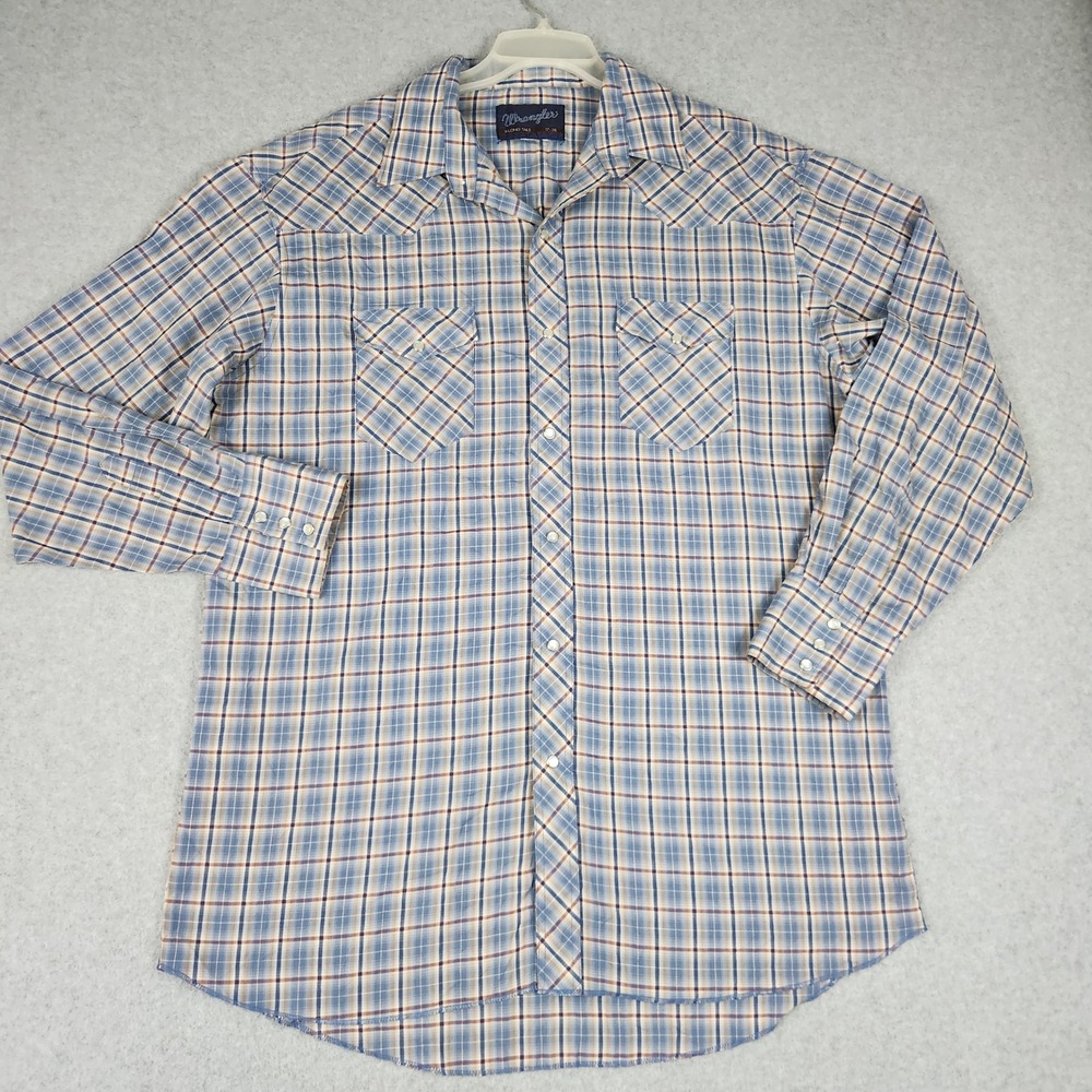 Wrangler Western Dress Shirt Mens 17 Blue Plaid Long Sleeve Collared Pearl Snap
